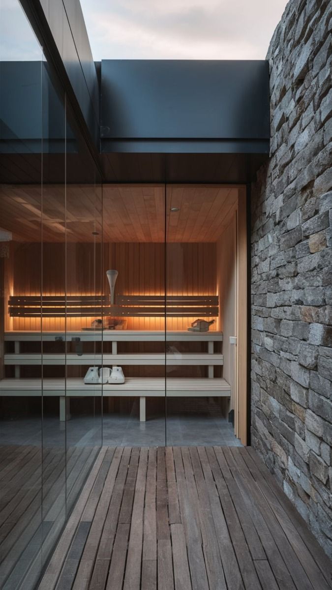 Sauna with panoramic glazing facing a dry stone wall and wooden terrace